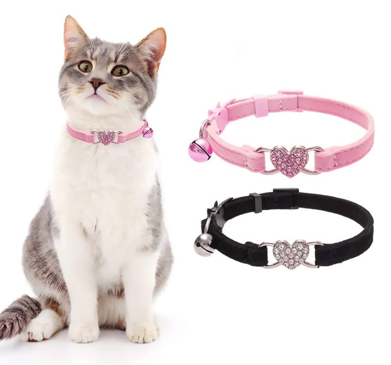 BINGPET Cat Collar Breakaway with Bell, Pack of 2 Heart Bling Collar Safety with Soft Velvet Adjustable for Kittens - Image 1
